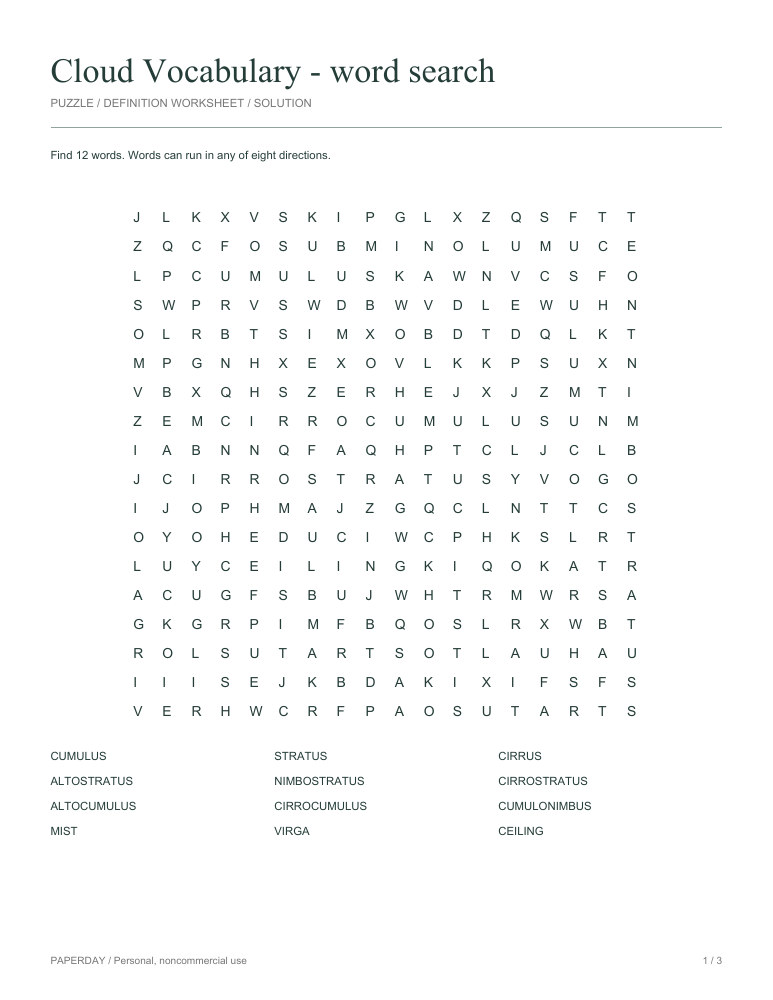 Preview of Cloud Vocabulary Word Search
