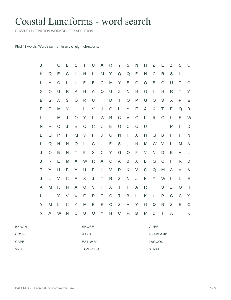 Preview of Coastal Landforms Word Search