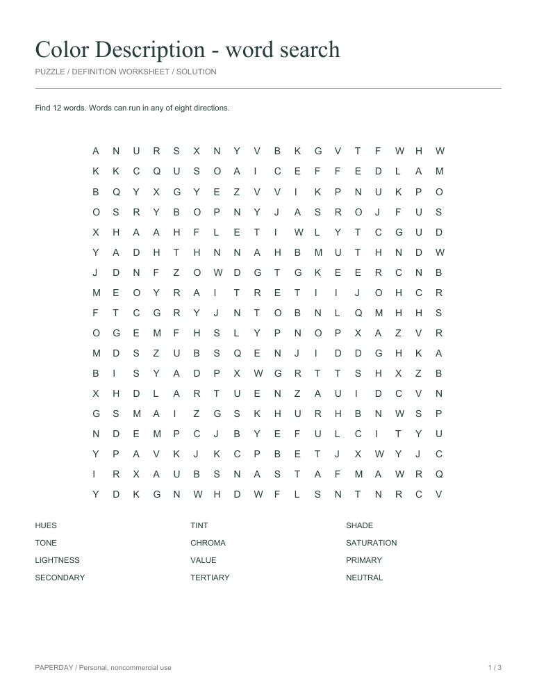 Preview of Color Description Word Search
