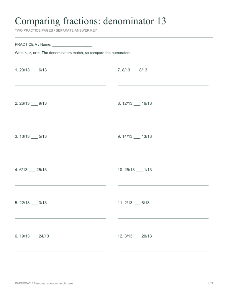 Preview of Comparing fractions: denominator 13 - practice and answers