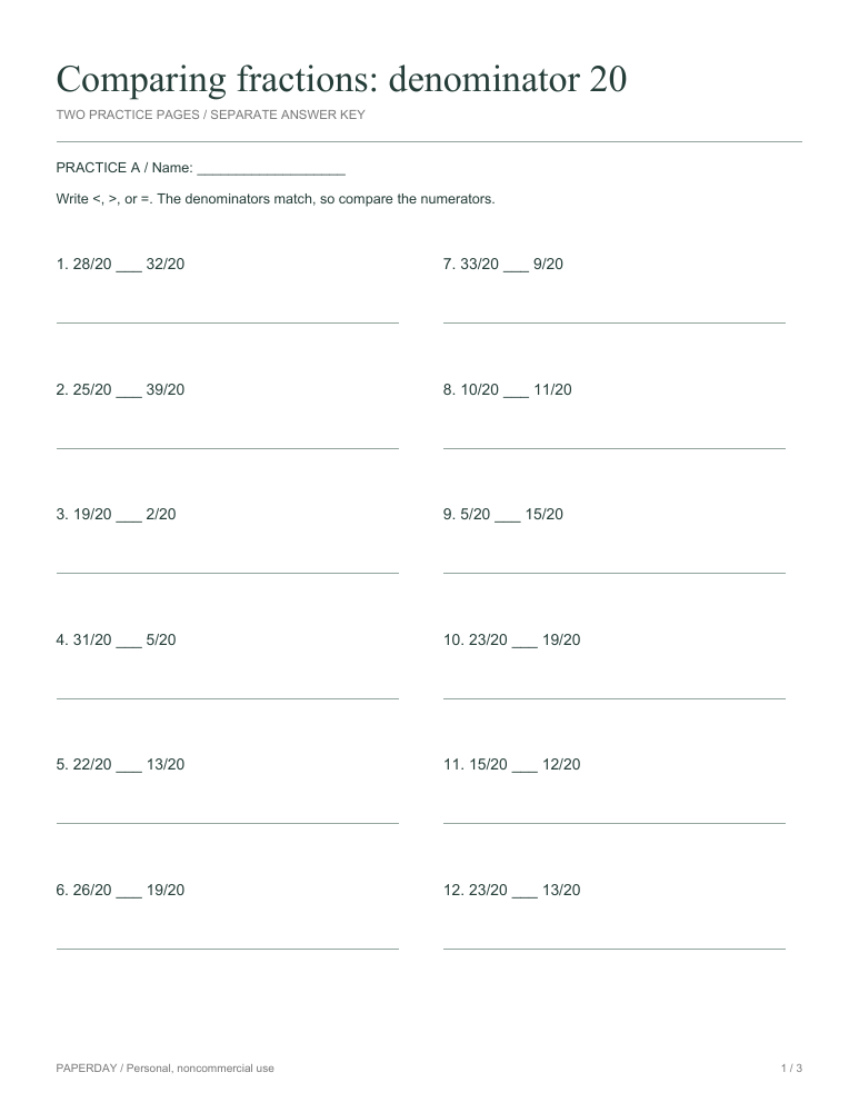 Preview of Comparing fractions: denominator 20 - practice and answers