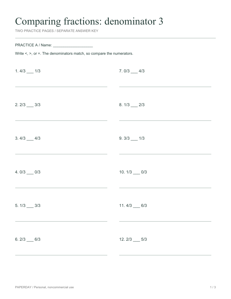 Preview of Comparing fractions: denominator 3 - practice and answers
