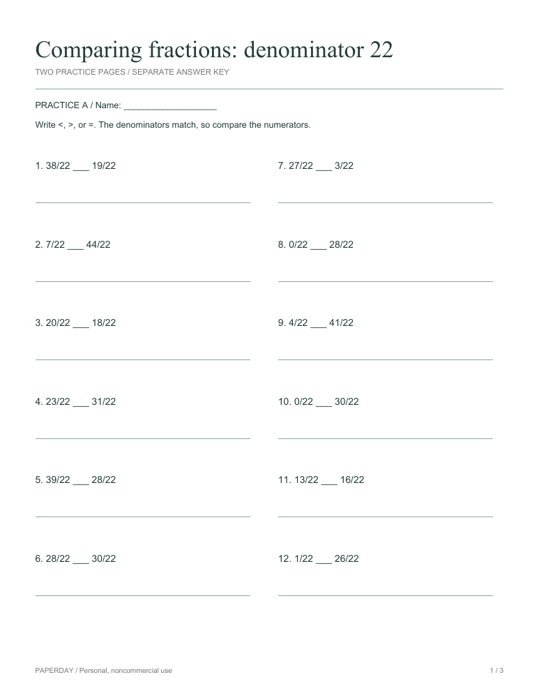 Preview of Comparing fractions: denominator 22 - practice and answers