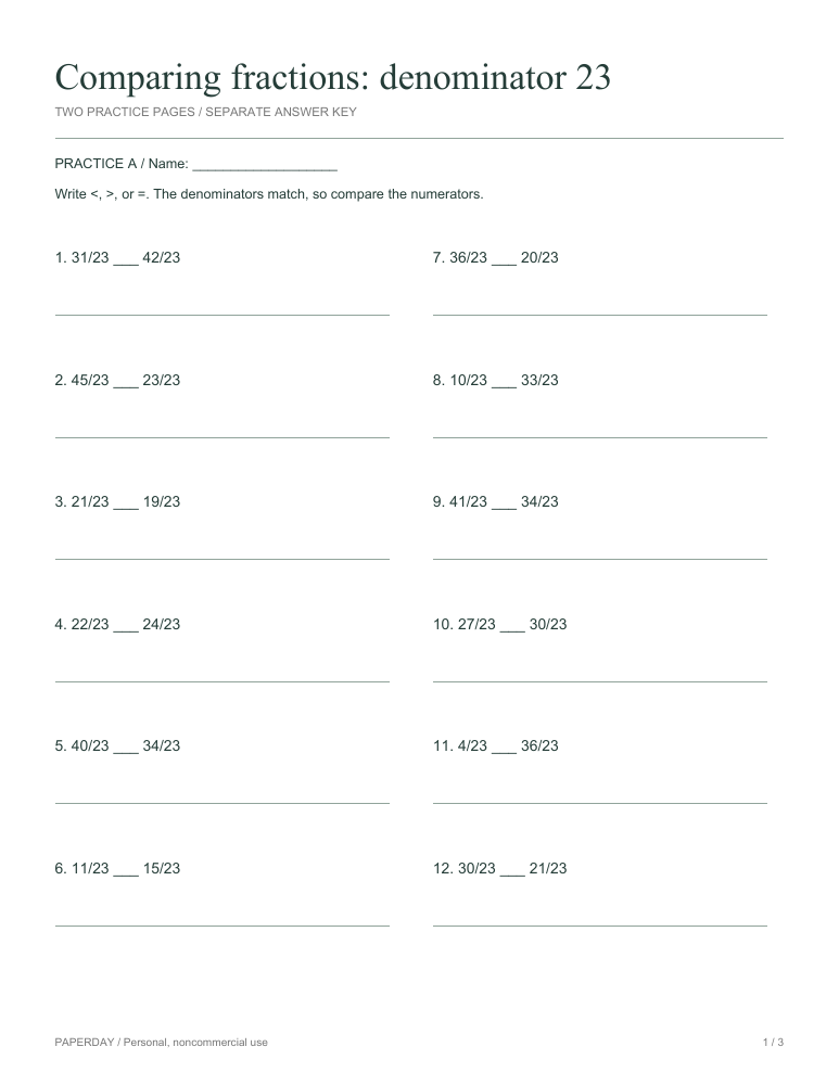 Preview of Comparing fractions: denominator 23 - practice and answers
