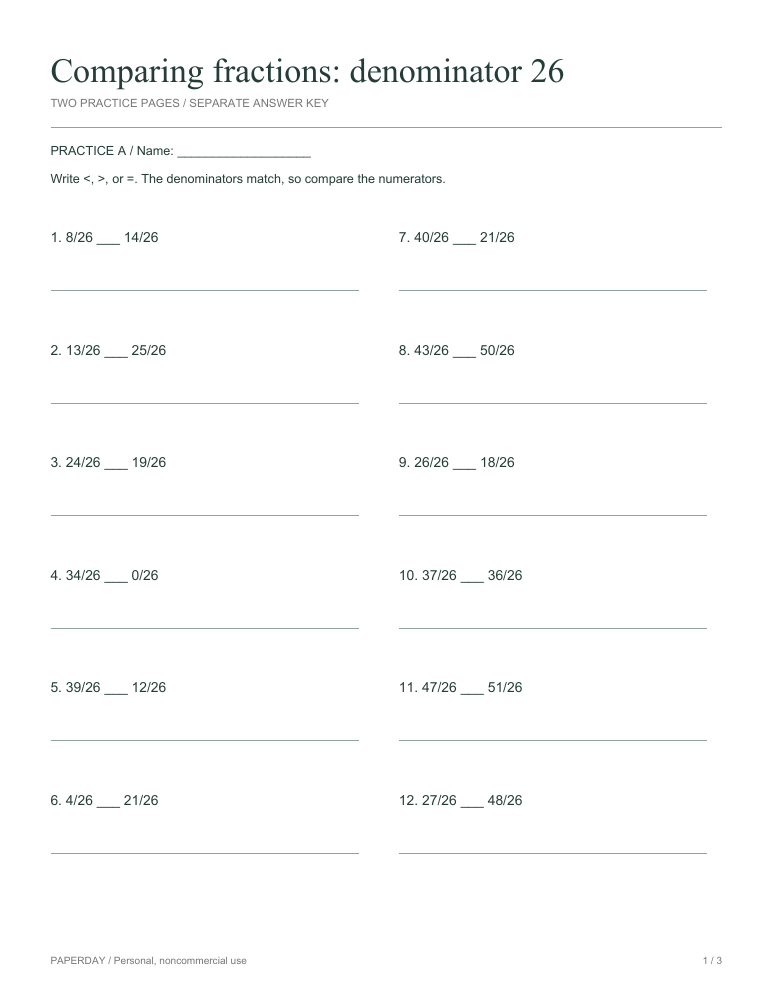 Preview of Comparing fractions: denominator 26 - practice and answers