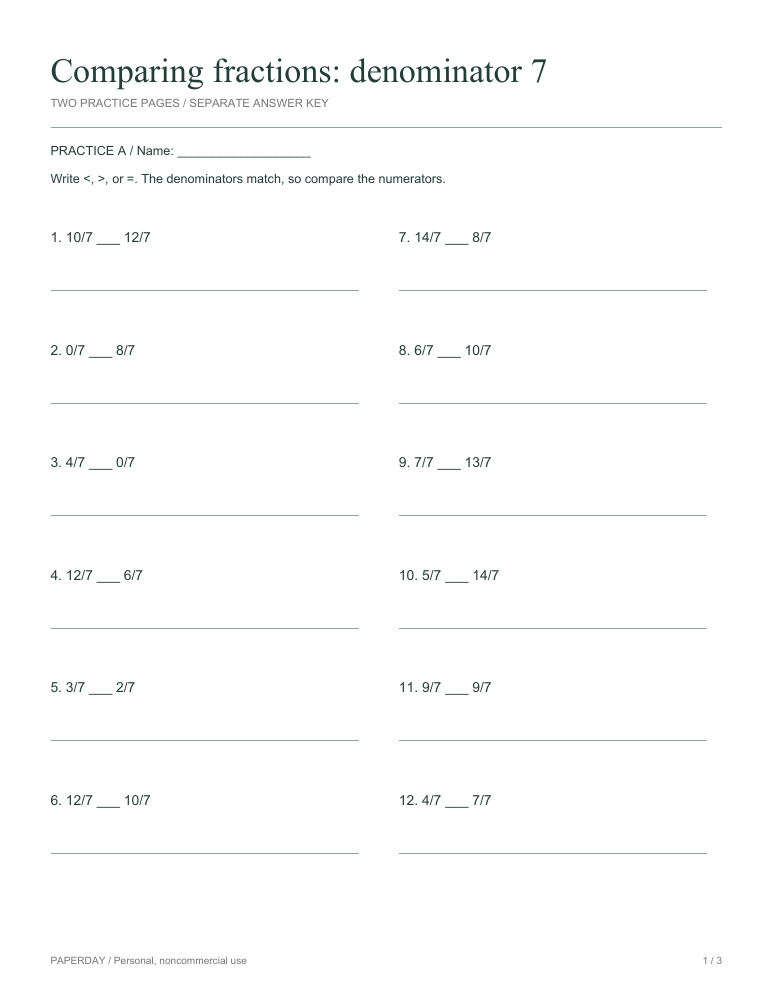 Preview of Comparing fractions: denominator 7 - practice and answers