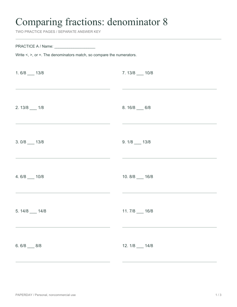 Preview of Comparing fractions: denominator 8 - practice and answers