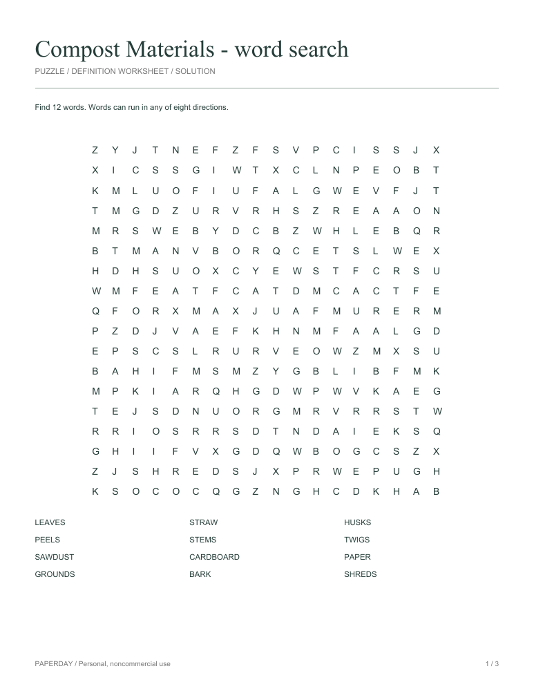 Preview of Compost Materials Word Search