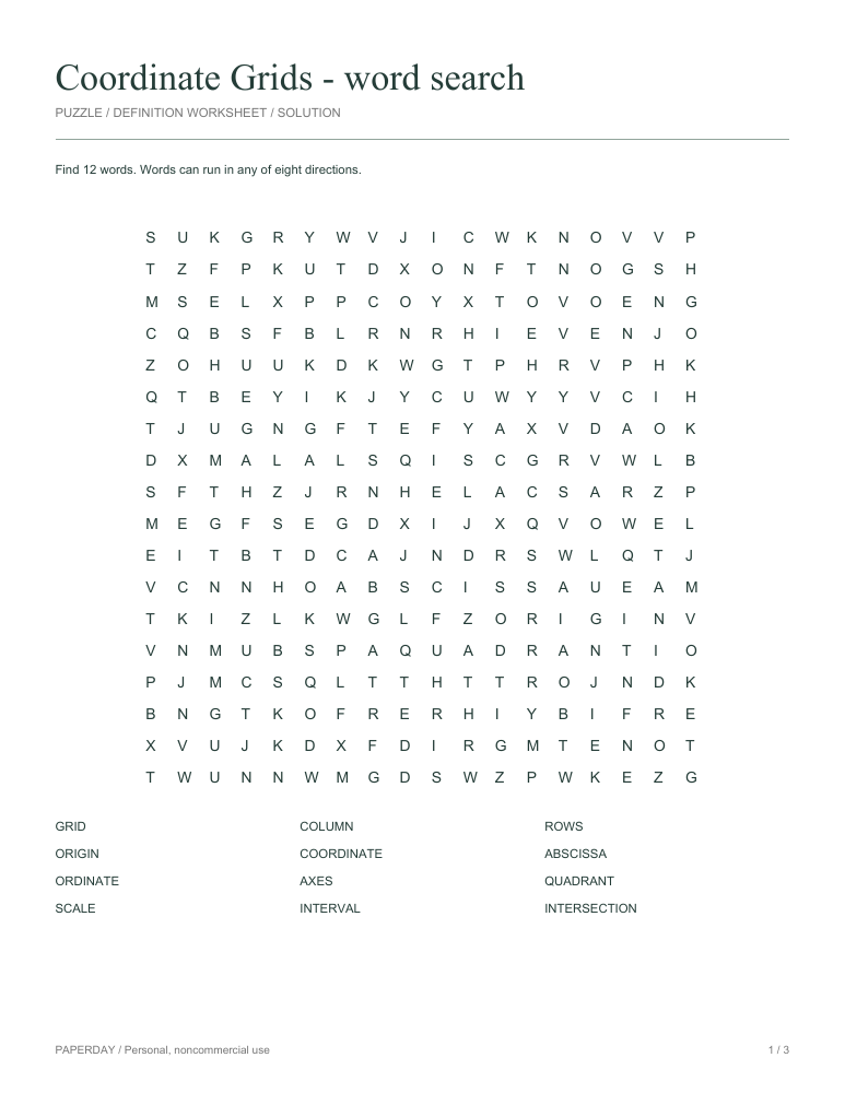Preview of Coordinate Grids Word Search