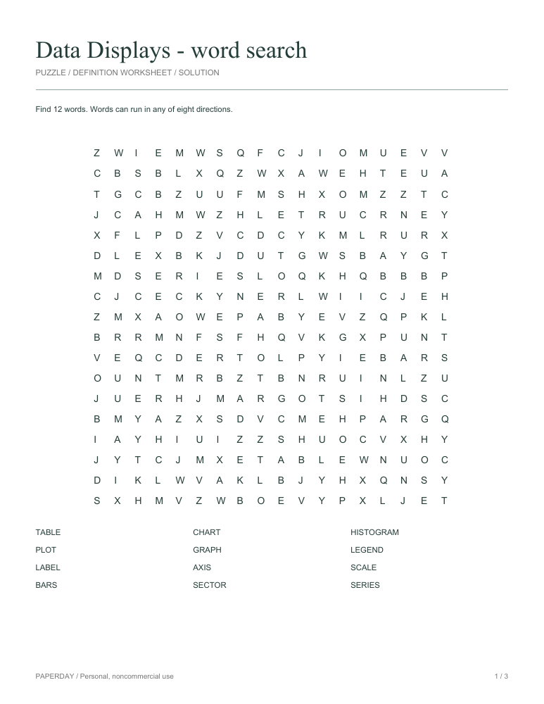 Preview of Data Displays Word Search