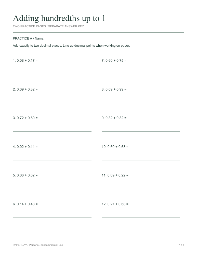 Preview of Adding hundredths up to 1 - practice and answers