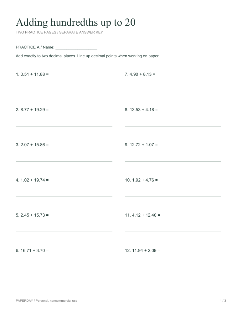 Preview of Adding hundredths up to 20 - practice and answers