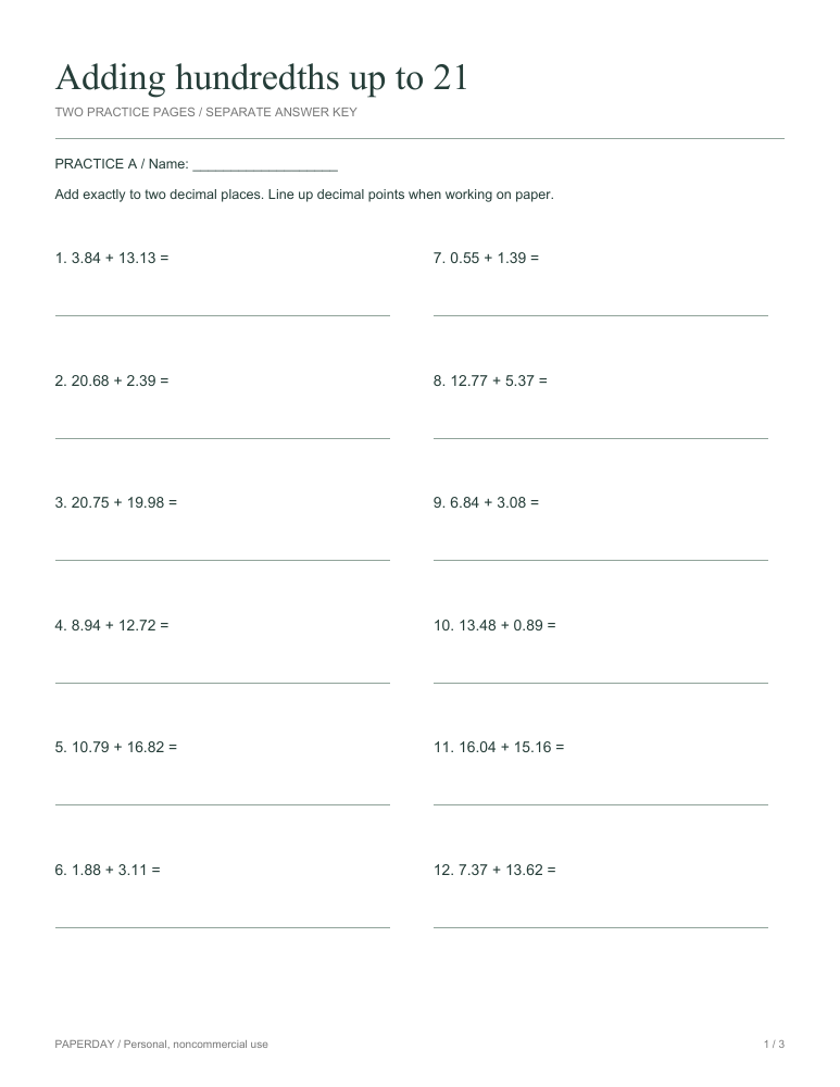 Preview of Adding hundredths up to 21 - practice and answers