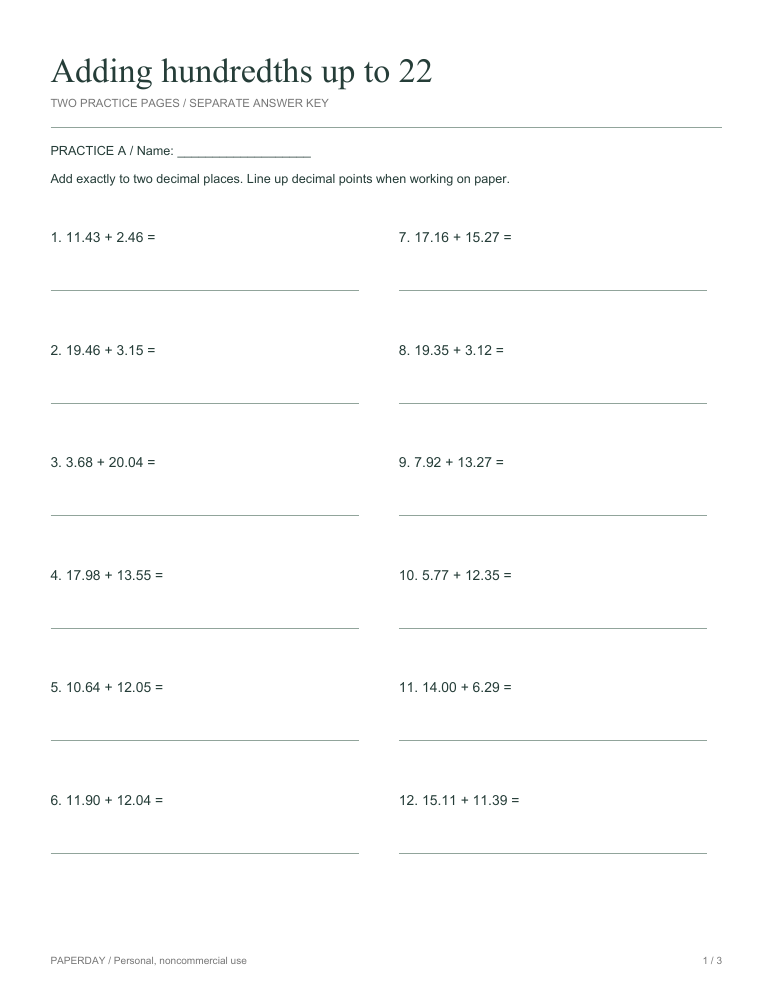 Preview of Adding hundredths up to 22 - practice and answers