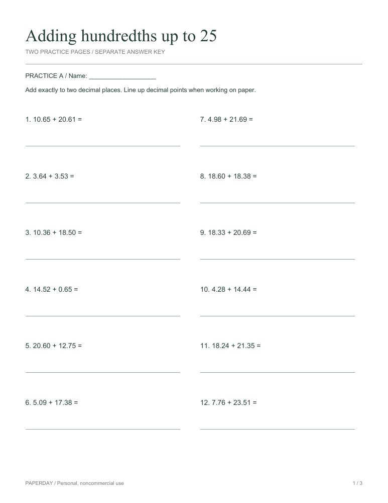 Preview of Adding hundredths up to 25 - practice and answers