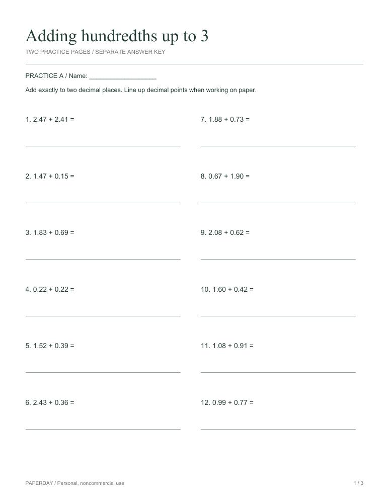 Preview of Adding hundredths up to 3 - practice and answers