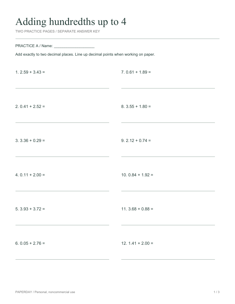 Preview of Adding hundredths up to 4 - practice and answers