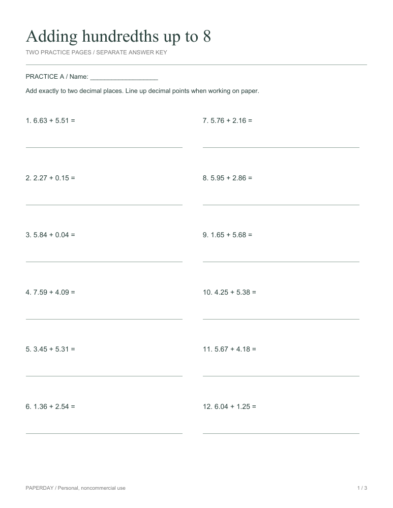 Preview of Adding hundredths up to 8 - practice and answers