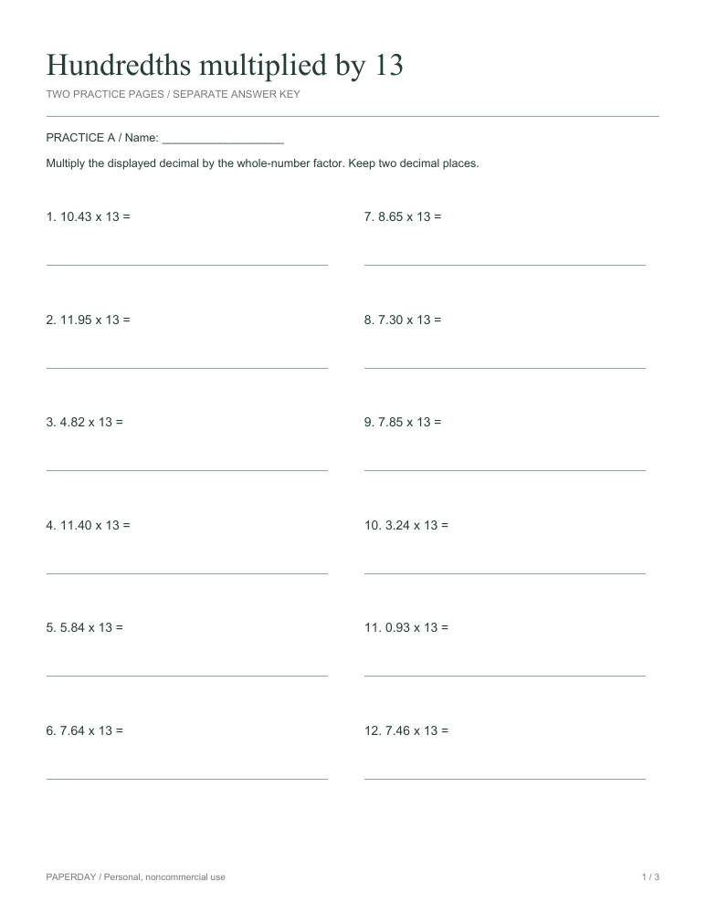 Preview of Hundredths multiplied by 13 - practice and answers