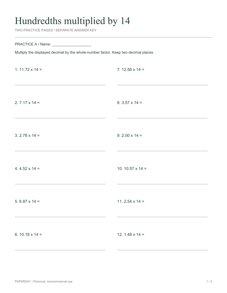 Preview of Hundredths multiplied by 14 - practice and answers