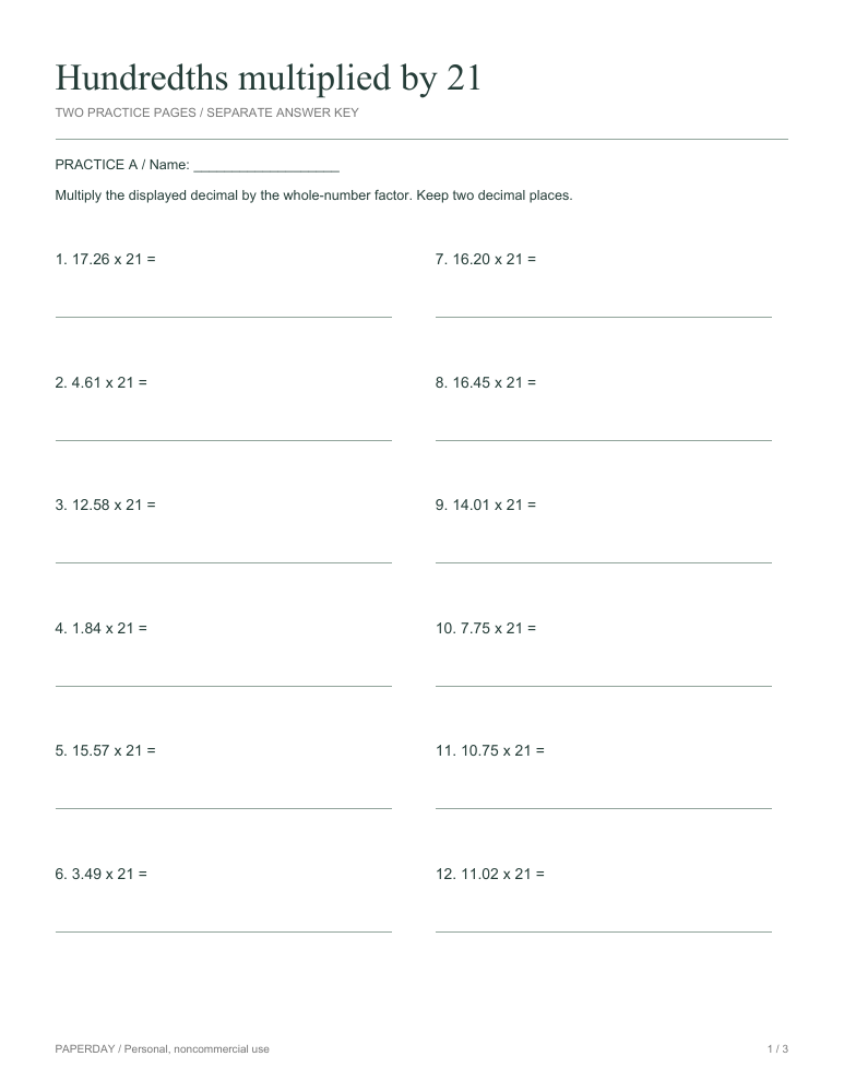 Preview of Hundredths multiplied by 21 - practice and answers
