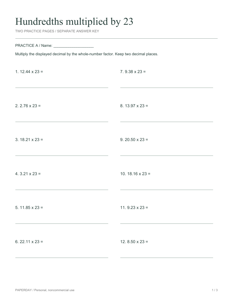 Preview of Hundredths multiplied by 23 - practice and answers