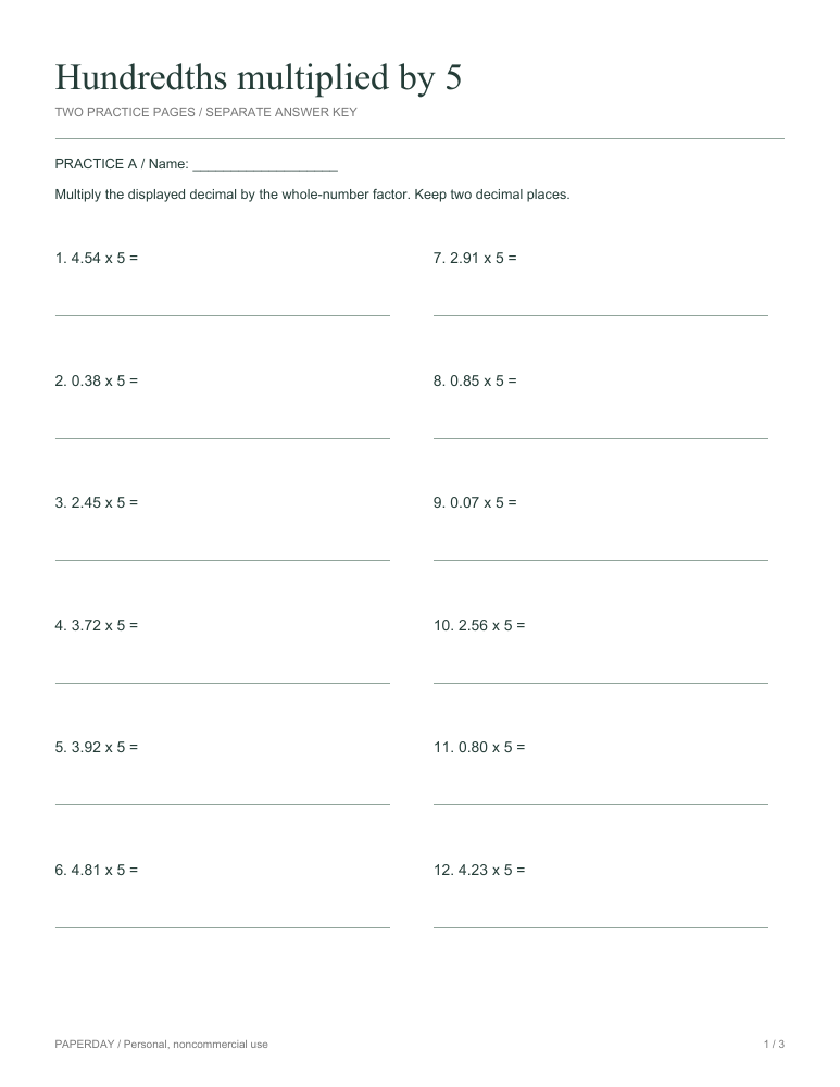 Preview of Hundredths multiplied by 5 - practice and answers