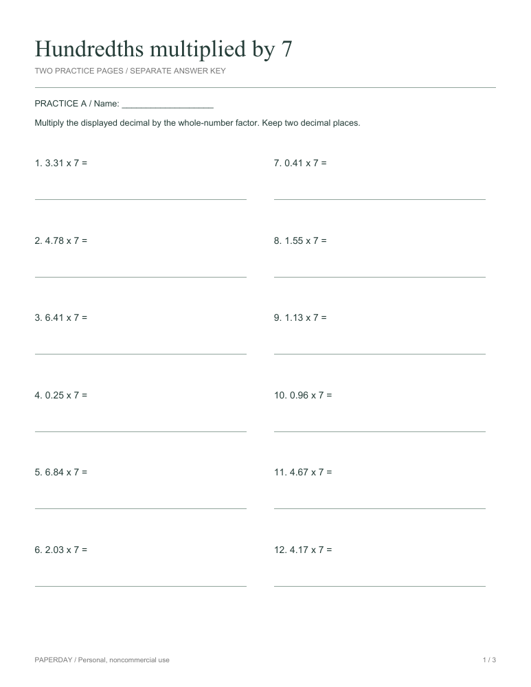 Preview of Hundredths multiplied by 7 - practice and answers