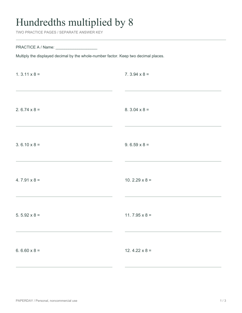 Preview of Hundredths multiplied by 8 - practice and answers