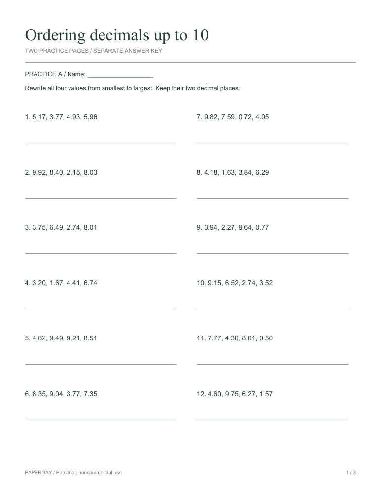 Preview of Ordering decimals up to 10 - practice and answers