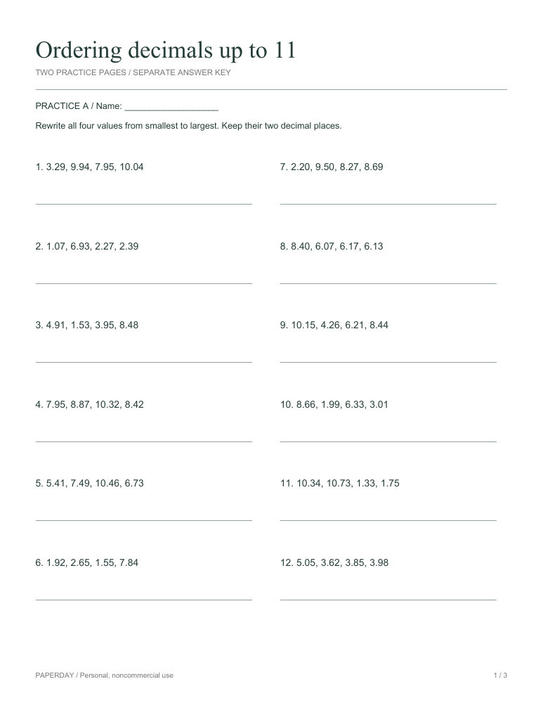 Preview of Ordering decimals up to 11 - practice and answers