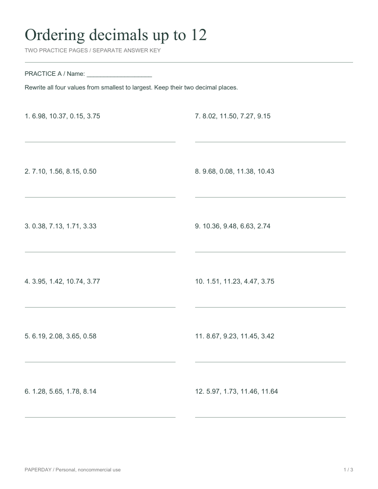 Preview of Ordering decimals up to 12 - practice and answers