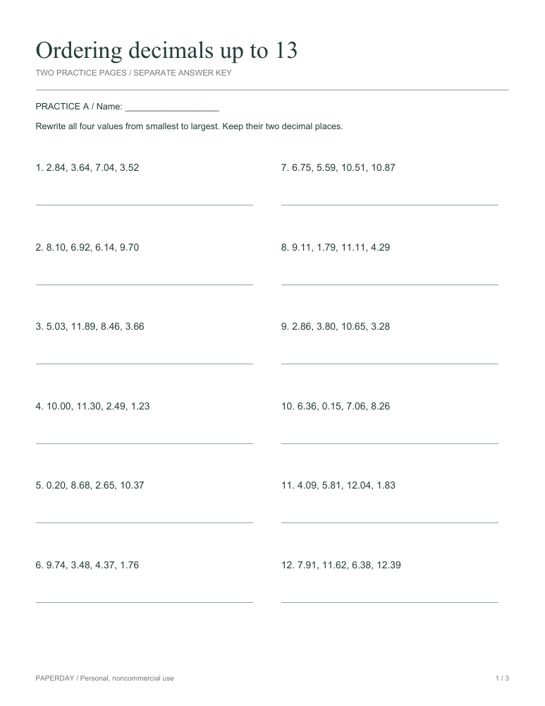 Preview of Ordering decimals up to 13 - practice and answers
