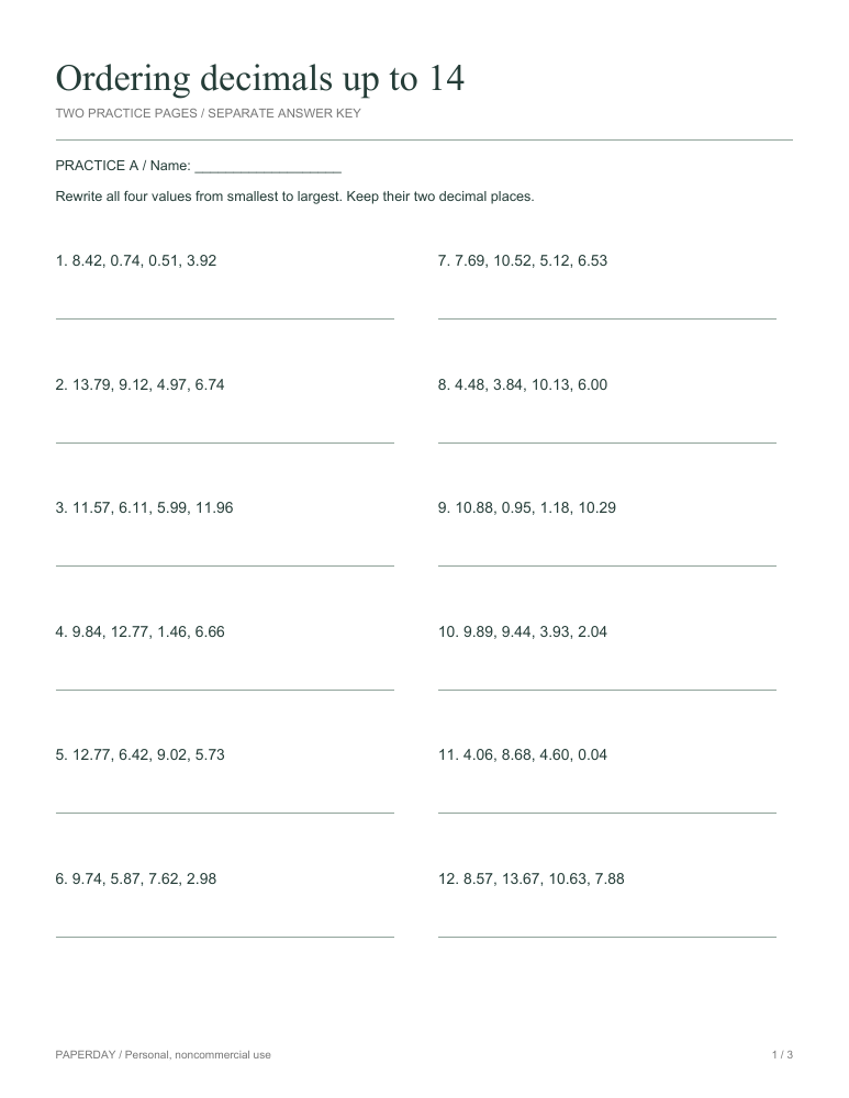 Preview of Ordering decimals up to 14 - practice and answers