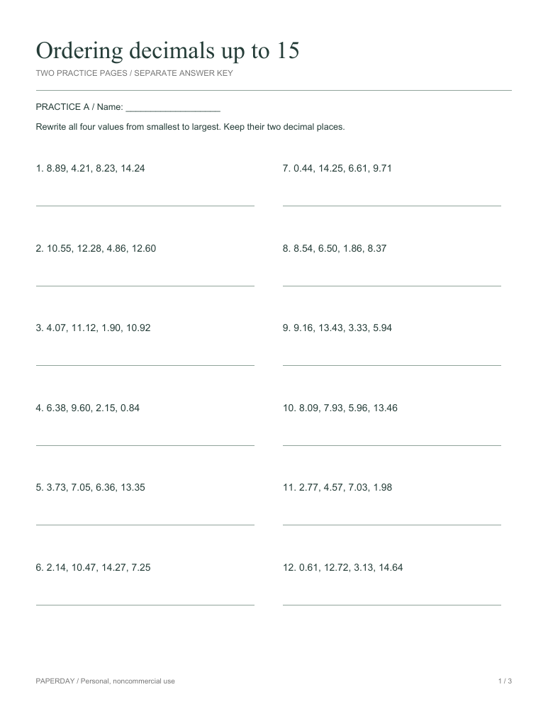 Preview of Ordering decimals up to 15 - practice and answers