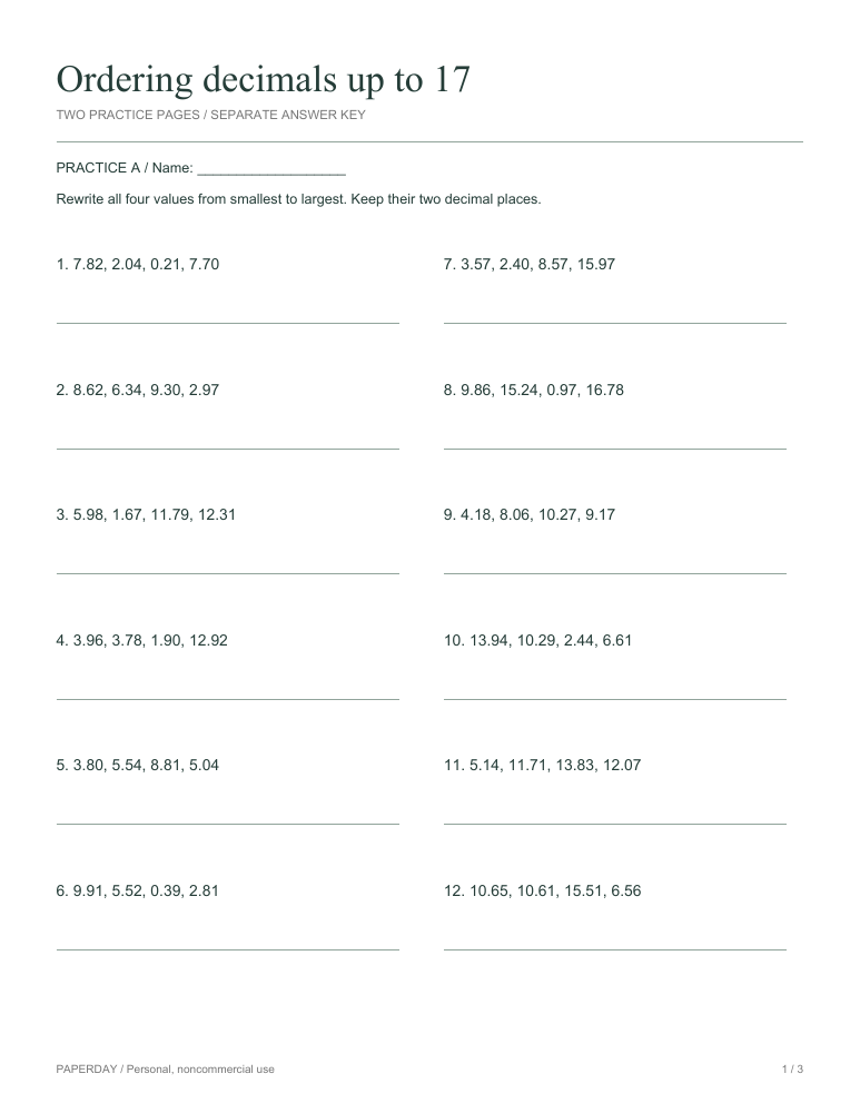 Preview of Ordering decimals up to 17 - practice and answers