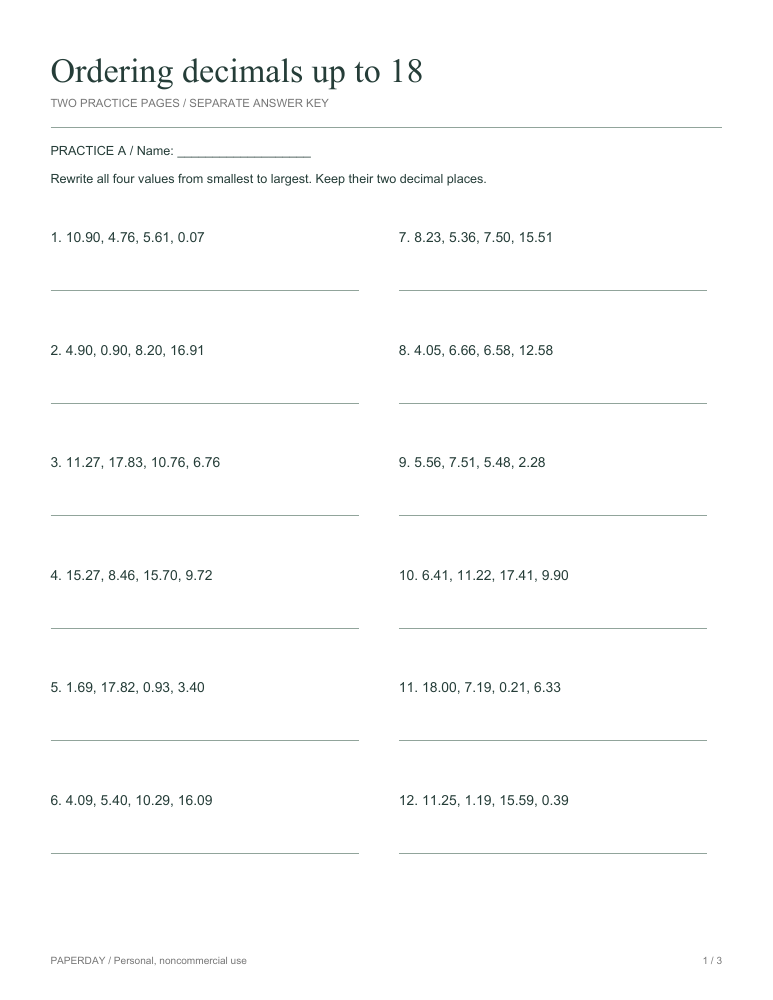 Preview of Ordering decimals up to 18 - practice and answers