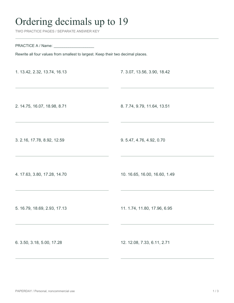 Preview of Ordering decimals up to 19 - practice and answers