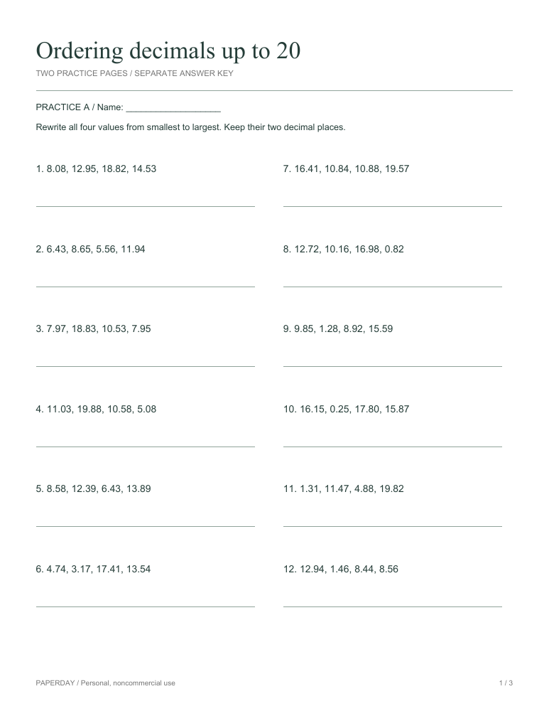Preview of Ordering decimals up to 20 - practice and answers