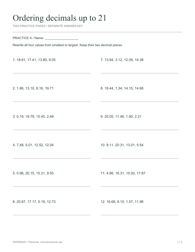 Preview of Ordering decimals up to 21 - practice and answers