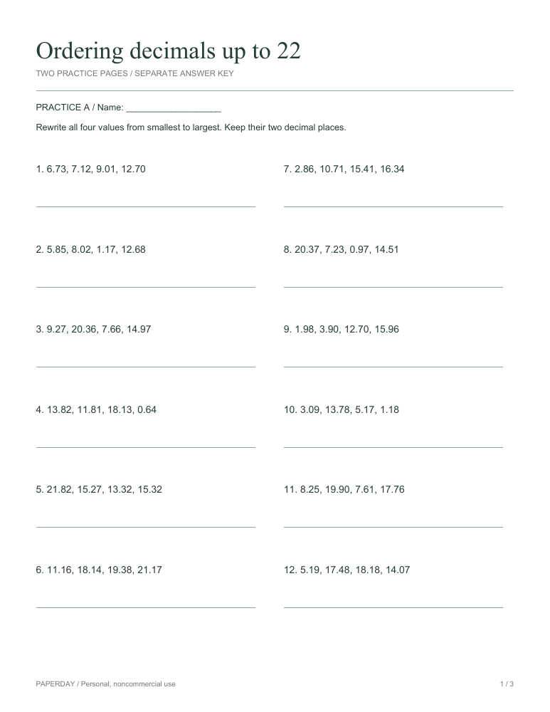 Preview of Ordering decimals up to 22 - practice and answers