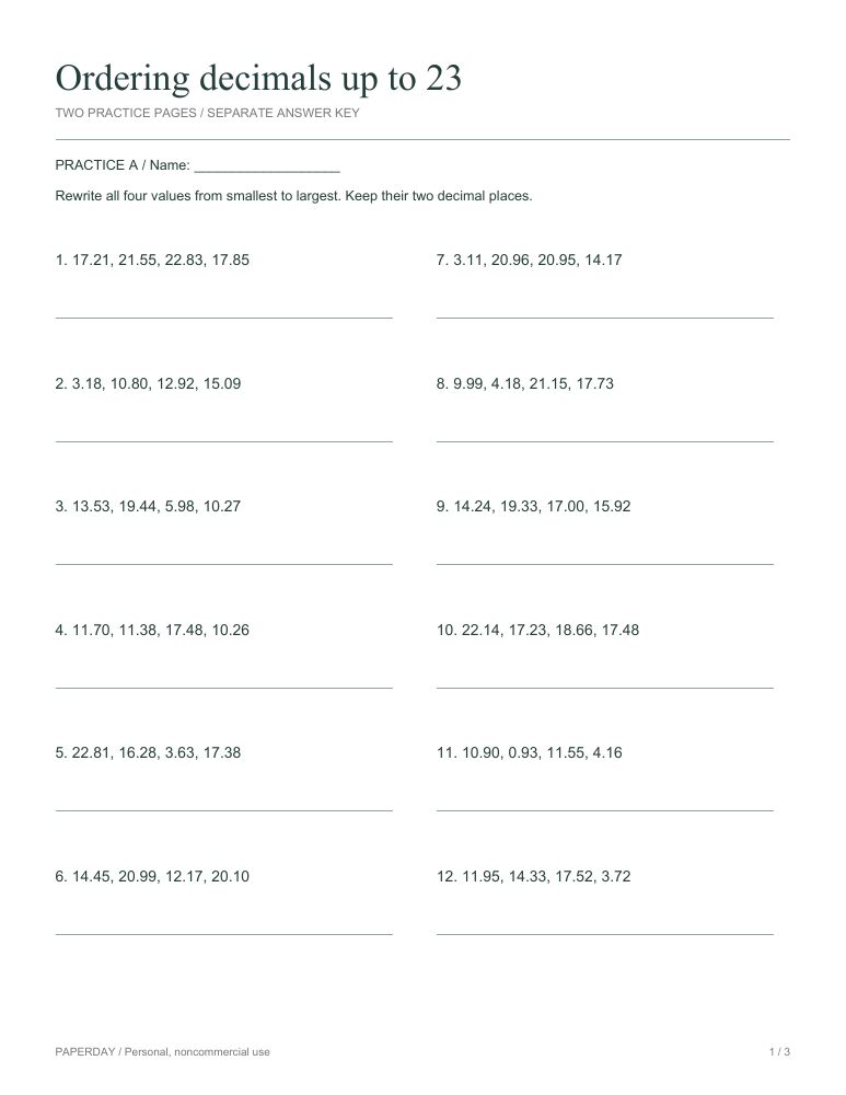 Preview of Ordering decimals up to 23 - practice and answers