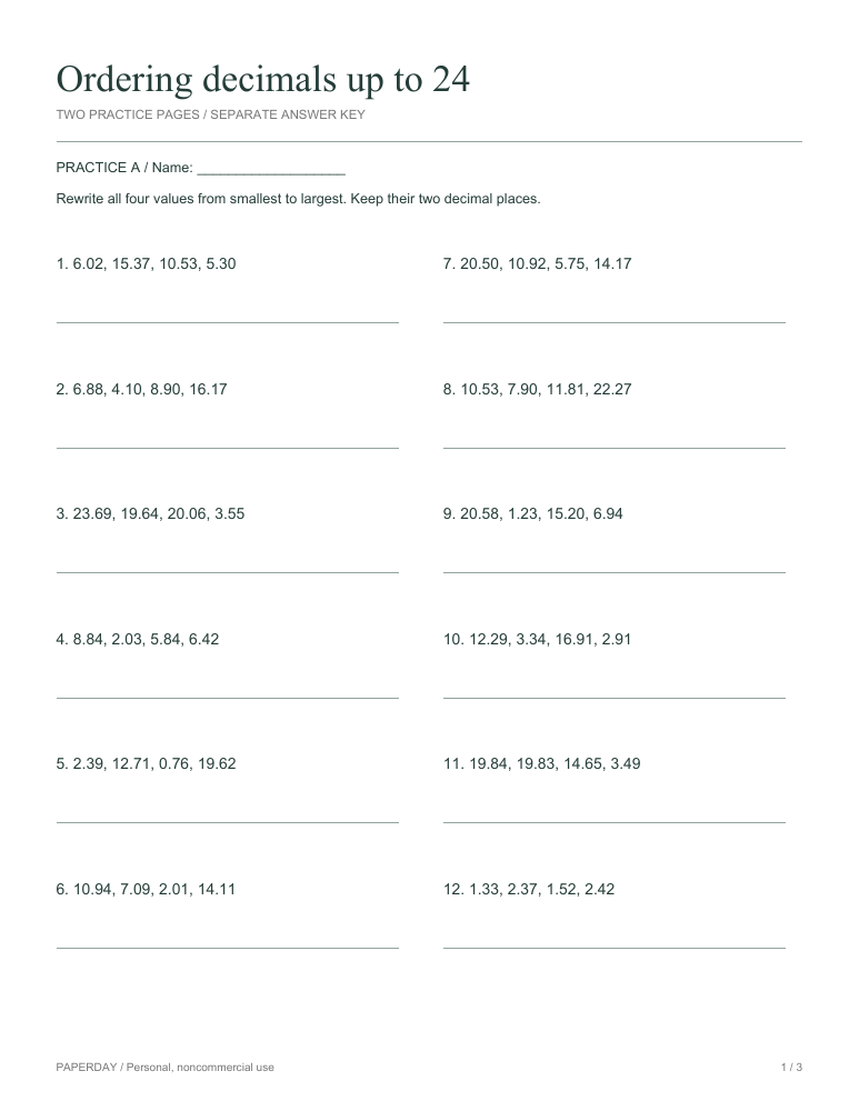 Preview of Ordering decimals up to 24 - practice and answers