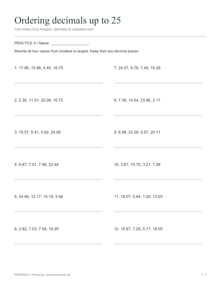 Preview of Ordering decimals up to 25 - practice and answers