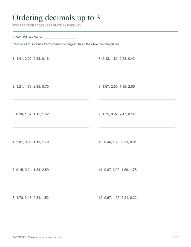 Preview of Ordering decimals up to 3 - practice and answers