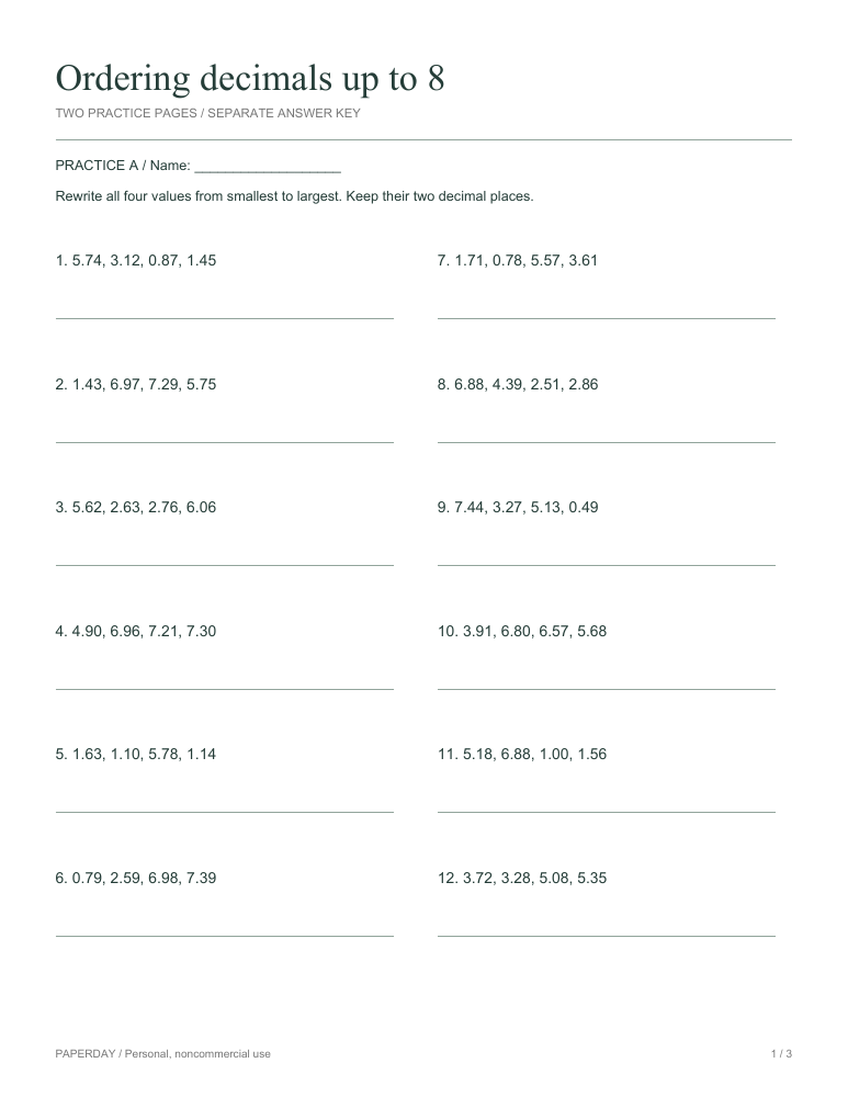 Preview of Ordering decimals up to 8 - practice and answers