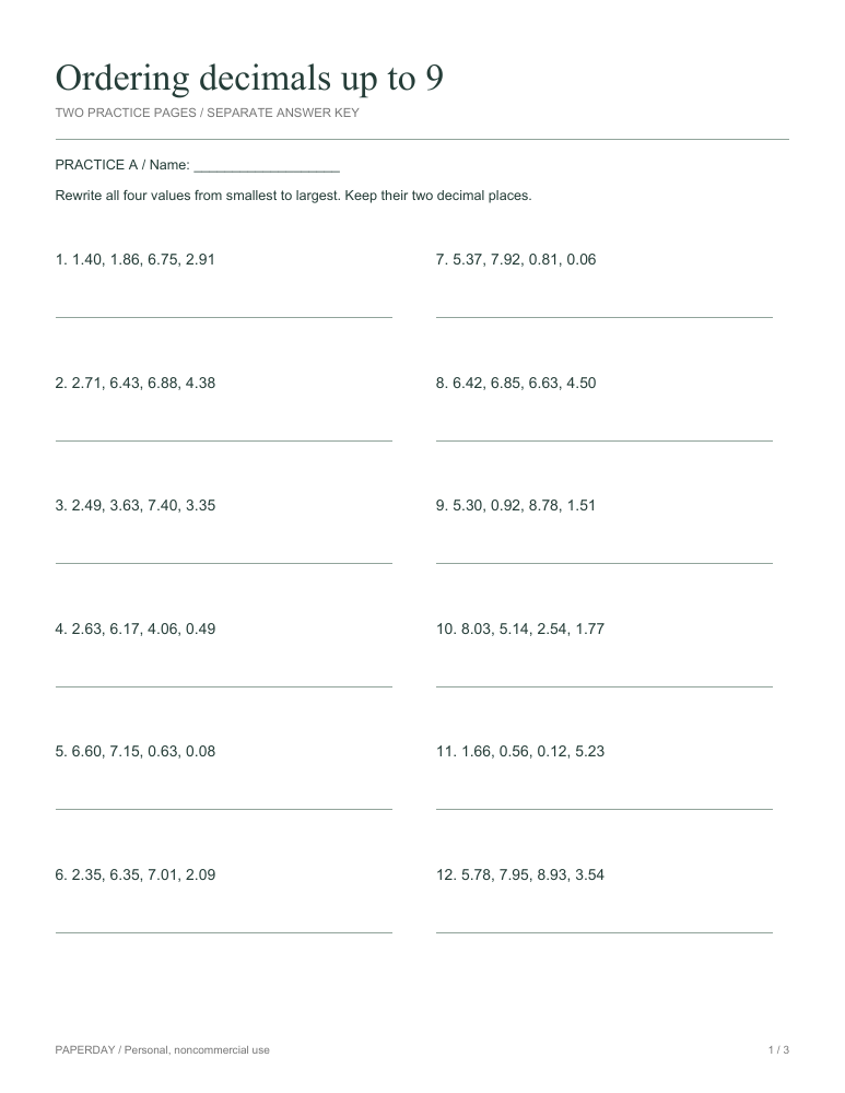 Preview of Ordering decimals up to 9 - practice and answers