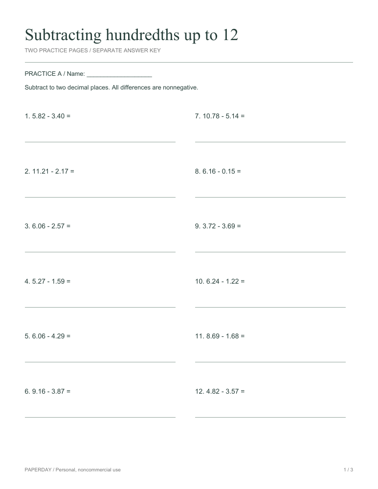 Preview of Subtracting hundredths up to 12 - practice and answers
