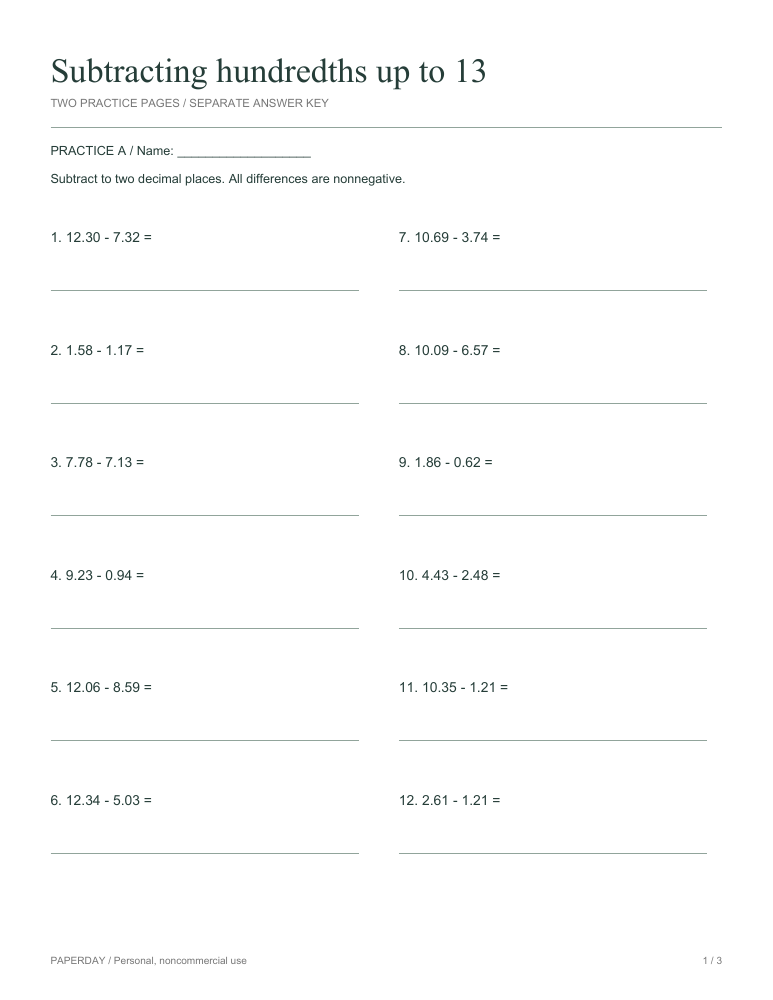 Preview of Subtracting hundredths up to 13 - practice and answers