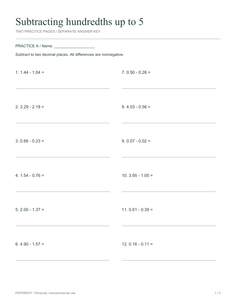 Preview of Subtracting hundredths up to 5 - practice and answers